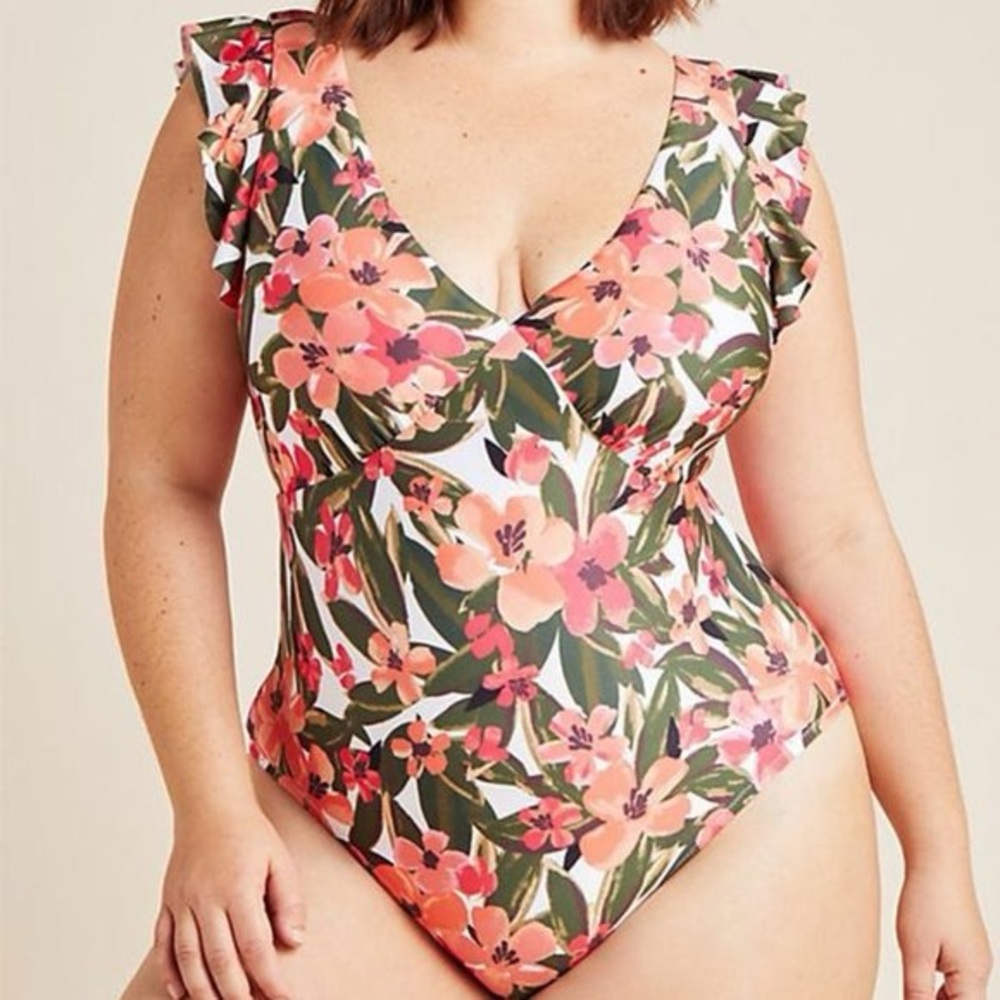 Anthropologie Floral One Piece Swimsuit - Pink and Green